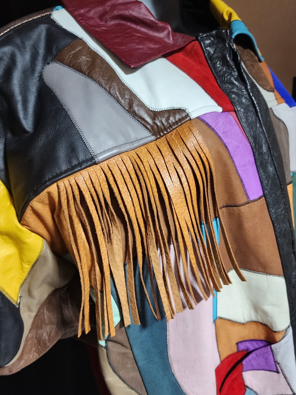 Vintage 80s Patchwork Leather Fringe Jacket Oversized Western Boho M/L - Picture 5 of 16